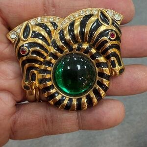 1997 Trifari Safari Ltd Edition Zebra Brooch Pendant with Green Gemstone